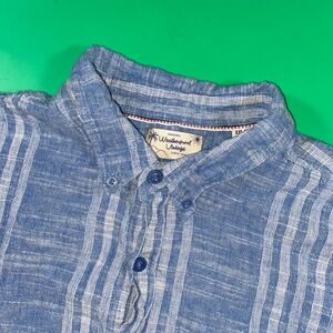 Weatherproof Vintage Mens Blue Striped Linen Short Sleeve Button Down Shirt XXL